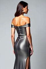 Dressystars Off The Shoulder Dark Grey Sheath Long Formal Dress With Slit
