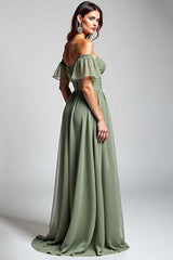 Dressystars Off The Shoulder Dusty Sage Wedding Guest Dress Long Chiffon Formal Dress