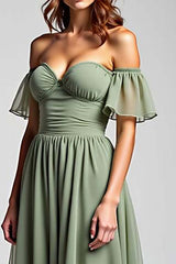 Dressystars Off The Shoulder Dusty Sage Wedding Guest Dress Long Chiffon Formal Dress