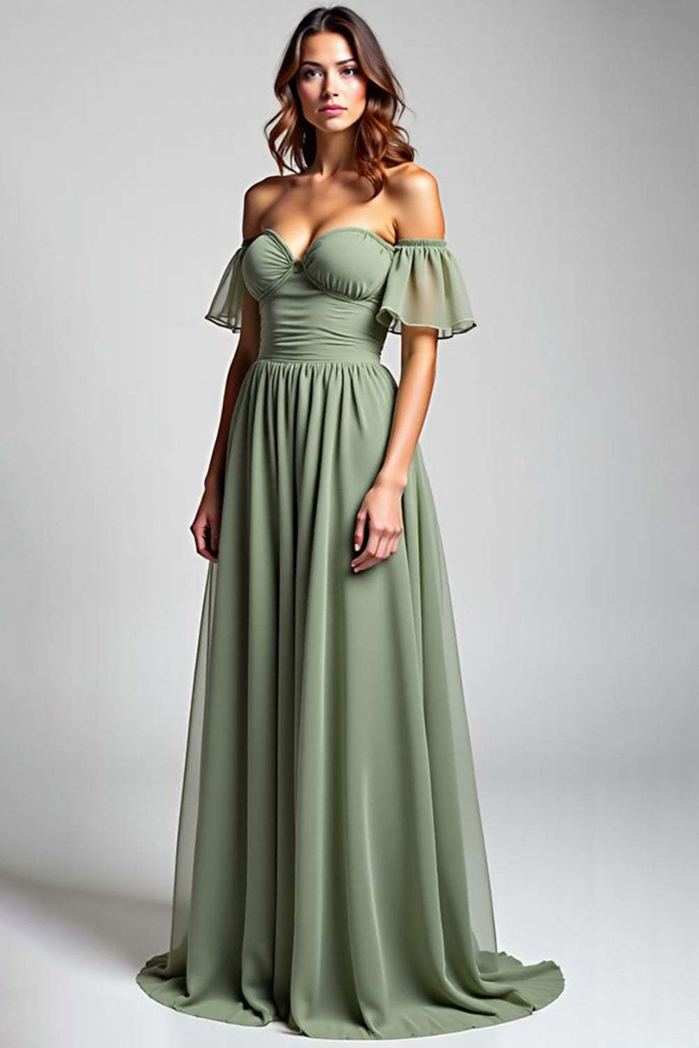 Dressystars Off The Shoulder Dusty Sage Wedding Guest Dress Long Chiffon Formal Dress