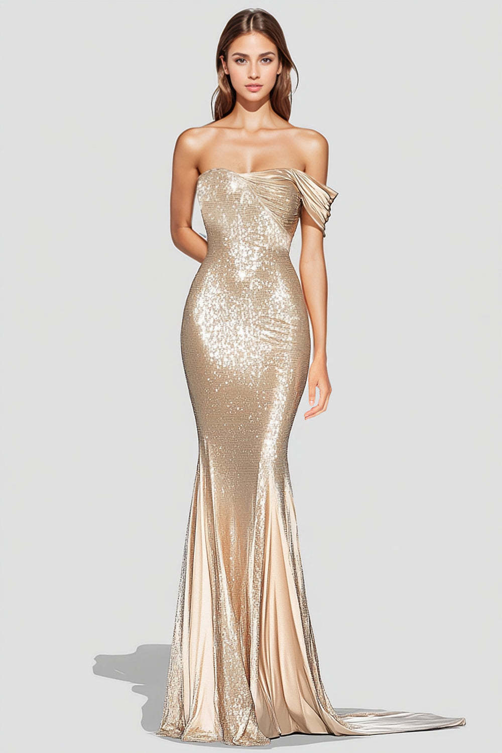 Dressystars Off The Shoulder Mermaid Champagne Wedding Guest Dress Long Formal Dress