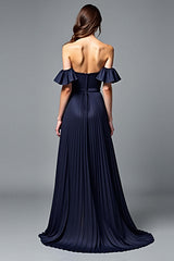 Dressystars Off The Shoulder Navy Wedding Guest Dress A Line Pleated Formal Dress With Ruffles