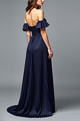 Dressystars Off The Shoulder Navy Wedding Guest Dress A Line Pleated Formal Dress With Ruffles