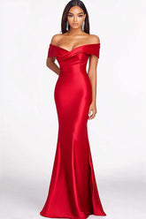 Dressystars Off The Shoulder Satin Red Wedding Guest Dress Mermaid Formal Dress
