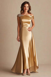 Dressystars Off The Shoulder Sheath Gold Satin Long Formal Dress