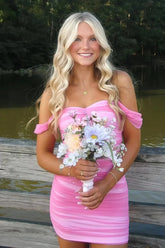 Dressystars Off the Shoulder Homecoming Dress Bodycon Pink Short Cocktail Dress