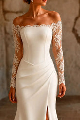 Dressystars Off the Shoulder Mermaid Wedding Gown with Long Sleeves Satin Lace and High Slit