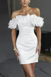 Dressystars Off the Shoulder Sleeveless Short Mini Organza Satin Wedding Dress with Flower