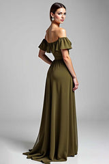 Dressystars Olive Wedding Guest Dress Chiffon A Line Long Formal Dress With Ruffles