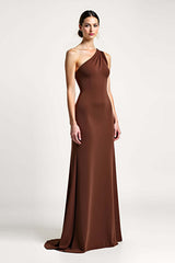 Dressystars One Shoulder Brown Sheath Long Formal Dress With Bow