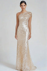 Dressystars One Shoulder Champagne Wedding Guest Dress Sheath Long Formal Dress