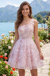 Dressystars One Shoulder Floral Pink Short Corset Homecoming Dress