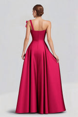 Dressystars One Shoulder Fuchsia Wedding Guest Dress A Line Satin Long Formal Dress Bow
