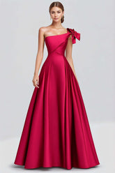 Dressystars One Shoulder Fuchsia Wedding Guest Dress A Line Satin Long Formal Dress Bow