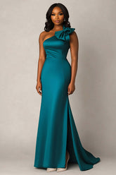 Dressystars One Shoulder Peacock Satin Long Formal Dress With Bowknot