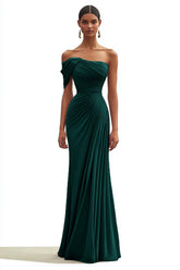 Dressystars One Shoulder Ruched Mermaid Dark Green Wedding Guest Dress Long Formal Dress