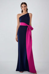 Dressystars One Shoulder Satin Navy Fuchsia Wedding Guest Dress Long Formal Dress