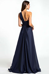 Dressystars One Shoulder Satin Navy Wedding Guest Dress Long Formal Dress