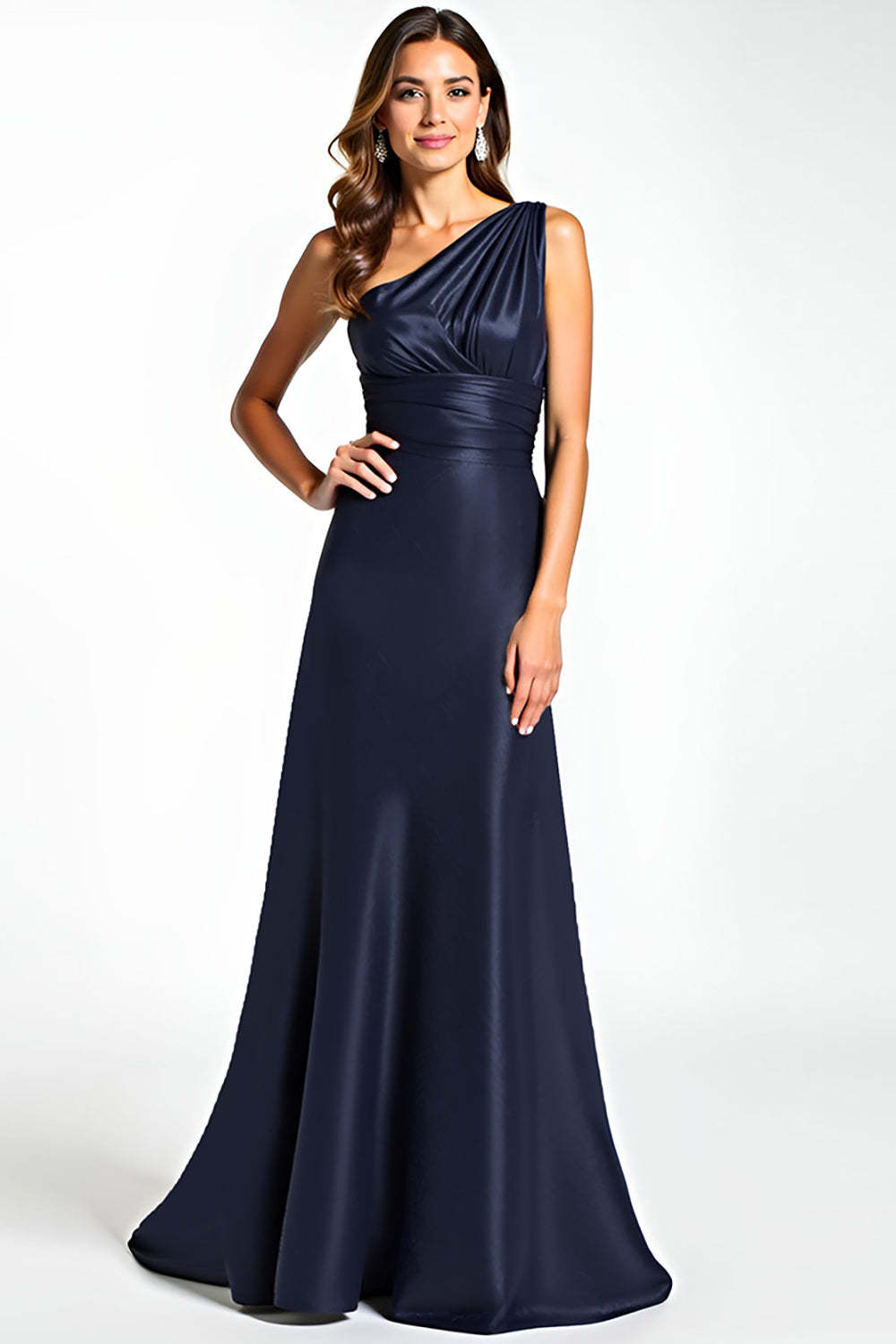 Dressystars One Shoulder Satin Navy Wedding Guest Dress Long Formal Dress