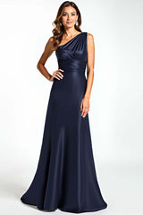 Dressystars One Shoulder Satin Navy Wedding Guest Dress Long Formal Dress