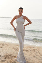Dressystars One Shoulder Satin Prom Dress Beaded Mermaid Formal Dress