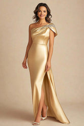 Dressystars One Shoulder Sheath Gold Long Formal Dress With Slit