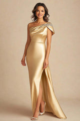 Dressystars One Shoulder Sheath Gold Long Formal Dress With Slit