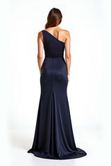Dressystars One Shoulder Sheath Navy Wedding Guest Dress Long Formal Dress