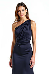 Dressystars One Shoulder Sheath Navy Wedding Guest Dress Long Formal Dress