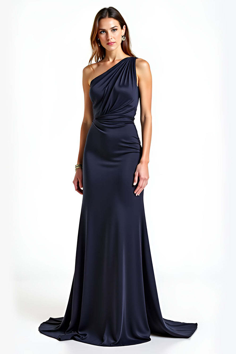 Dressystars One Shoulder Sheath Navy Wedding Guest Dress Long Formal Dress