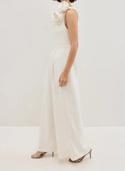 Dressystars One Shoulder Sleeveless Floor Length Elastic Satin Wedding Jumpsuit with Flowers