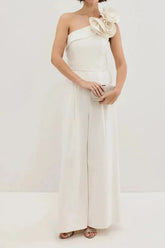 Dressystars One Shoulder Sleeveless Floor Length Elastic Satin Wedding Jumpsuit with Flowers