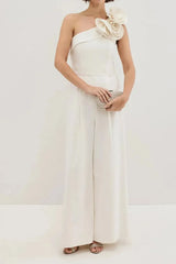 Dressystars One Shoulder Sleeveless Floor Length Elastic Satin Wedding Jumpsuit with Flowers