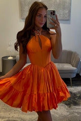 Dressystars Orange A Line Homecoming Dresses Halter Ruffled Short Corset Cocktail Dresses