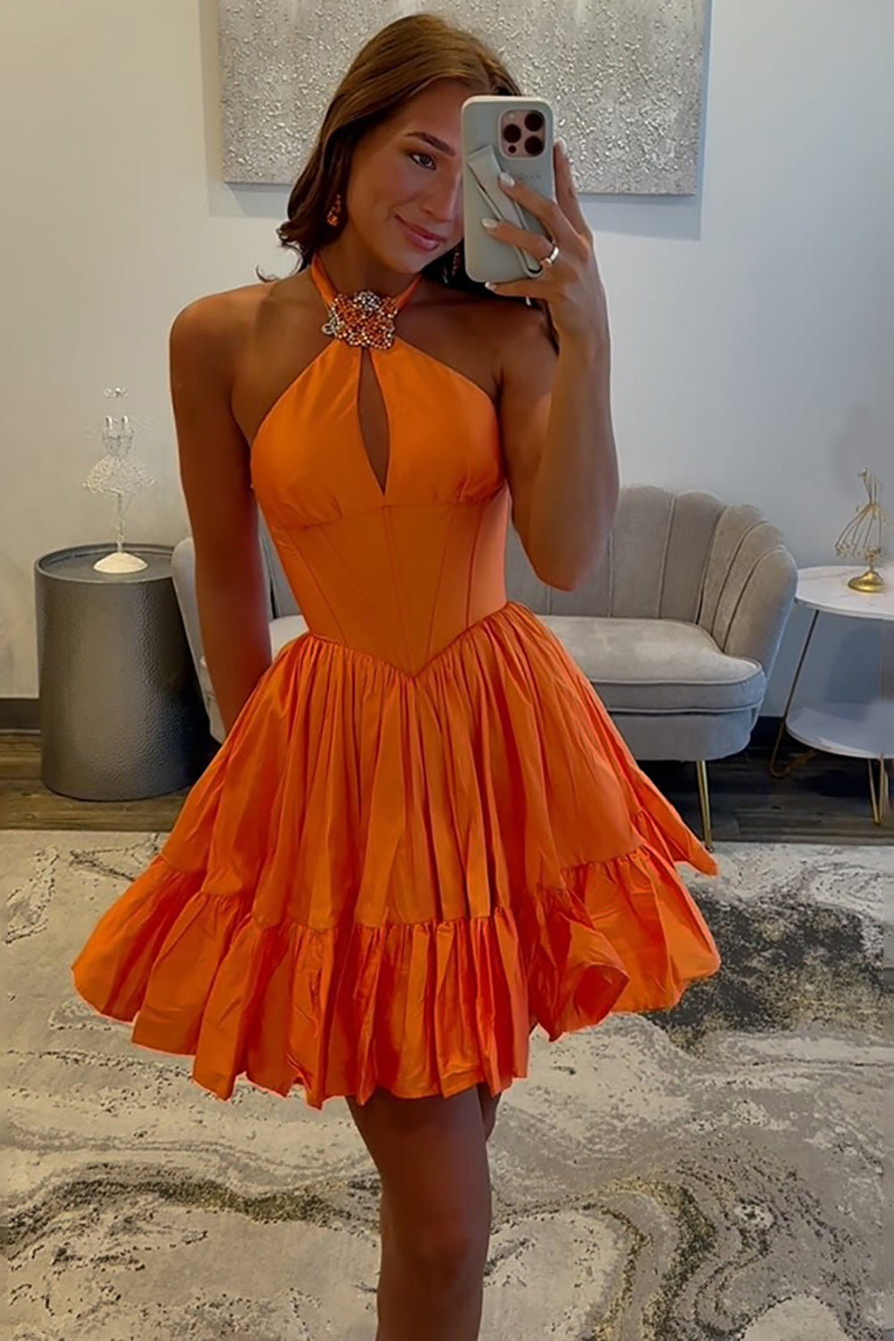 Dressystars Orange A Line Homecoming Dresses Halter Ruffled Short Corset Cocktail Dresses