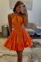 Dressystars Orange A Line Homecoming Dresses Halter Ruffled Short Corset Cocktail Dresses