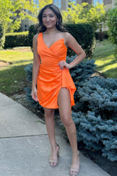 Dressystars Orange Homecoming Dress One Shoulder Tight Satin Prom Dress with Slit