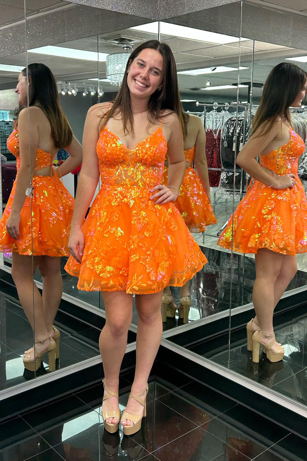 Dressystars Orange Homecoming Dress Spaghetti Straps A Line Short Prom Dress With Sequin