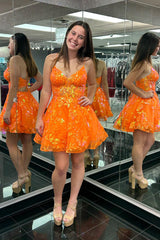 Dressystars Orange Homecoming Dress Spaghetti Straps A Line Short Prom Dress With Sequin