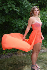 Dressystars Orange Homecoming Dress Strapless Tight Short Prom Dress with Beadings