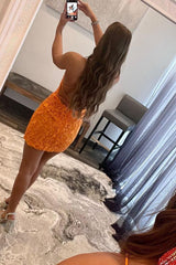 Dressystars Orange Sheath Spaghetti Straps Short Homecoming Dress with Appliques
