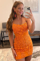 Dressystars Orange Sheath Spaghetti Straps Short Homecoming Dress with Appliques