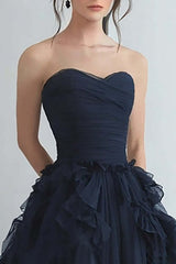 Dressystars Organza Navy Wedding Guest Dress Strapless A Line Formal Dress With Ruffles