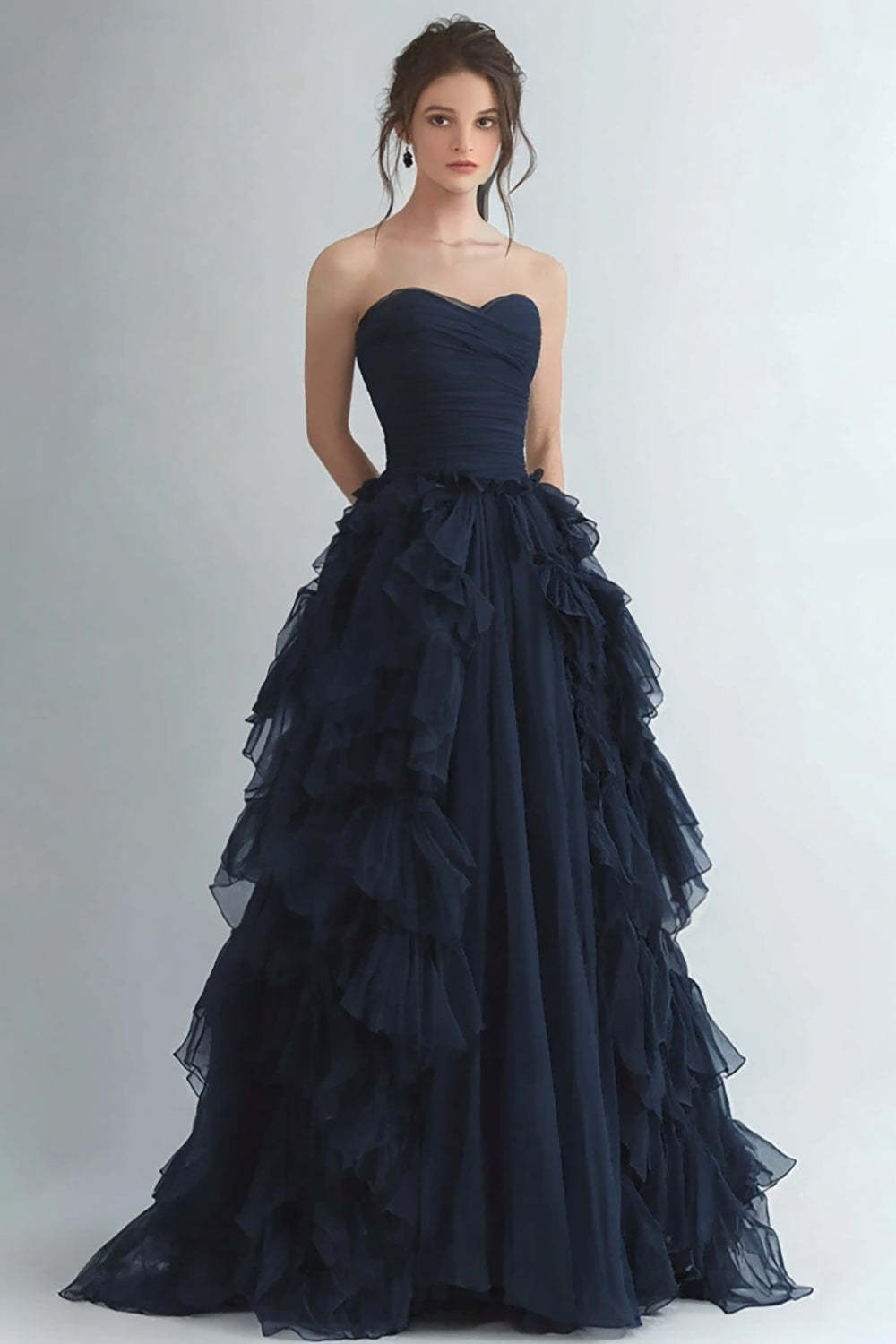 Dressystars Organza Navy Wedding Guest Dress Strapless A Line Formal Dress With Ruffles