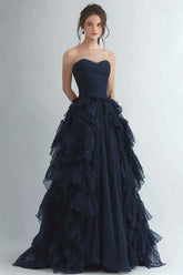 Dressystars Organza Navy Wedding Guest Dress Strapless A Line Formal Dress With Ruffles