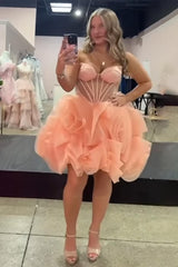 Dressystars Pink A Line Homecoming Dresses Floral Corset Strapless Short Cocktail Dresses