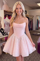 Dressystars Pink A Line Short Corset Homecoming Dress with Pearls