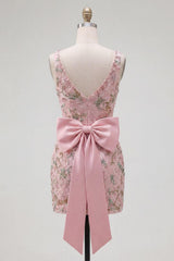 Dressystars Pink Beaded Floral Short Homecoming Dress | V-Neck Bodycon with Bow