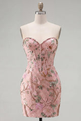 Dressystars Pink Floral Beaded Corset Tight Short Homecoming Dress