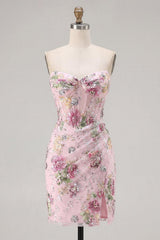 Dressystars Pink Floral Beaded Ruched Corset Tight Short Homecoming Dress with Slit